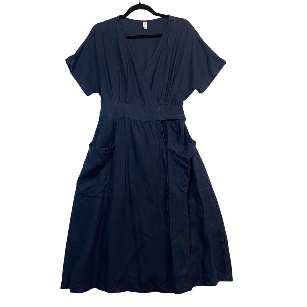 Grae Cove Women's Blue 100% Linen Frankie Wrap Dress Coastal Resort Size Large